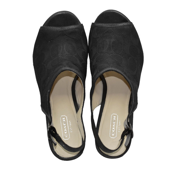 B0 Auth COACH Janet Black Signature Jacquard Hi Heel Wedge Sandal Shoes Sz 8.5M - Picture 3 of 8